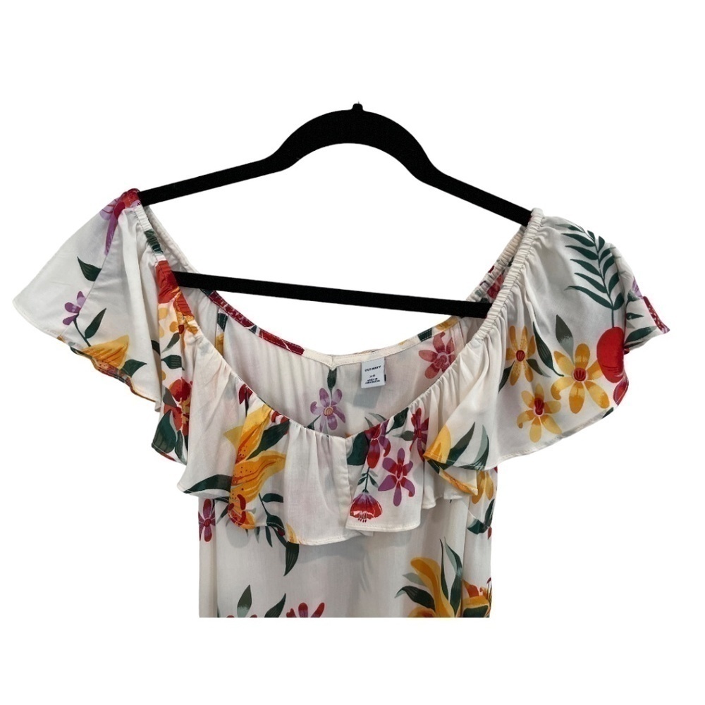 Old Navy Sleeveless Ruffle Neck Floral Top Hawaiian Print Pullover White XS - Picture 2 of 4